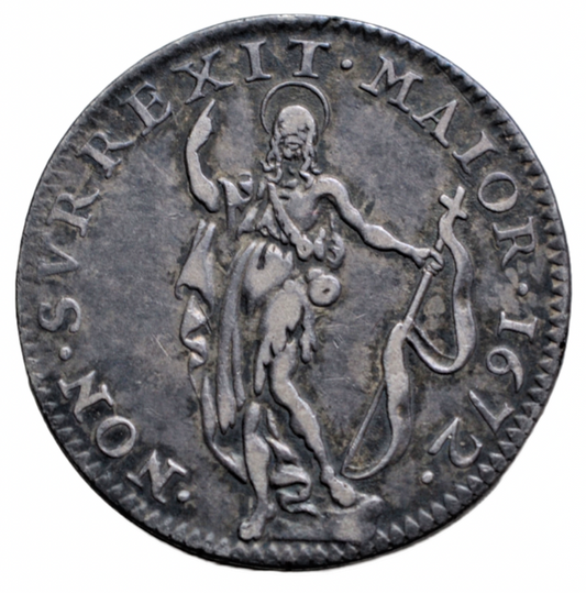 World, Italy, Genoa, silver 10 soldi 1672, St. John the Baptist depicted