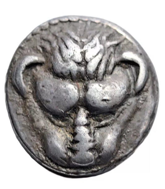 Greek, Bruttium, Rhegion, AR drachm, c. 450 BC, facing lion's head/Iokastos