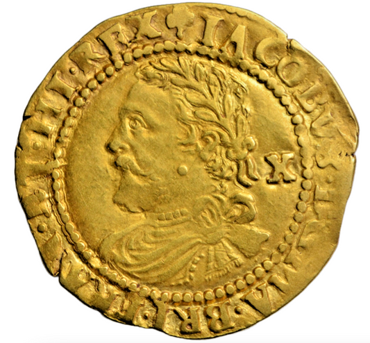 British hammered, James I, third coinage, gold half laurel, mintmark trefoil (1624)