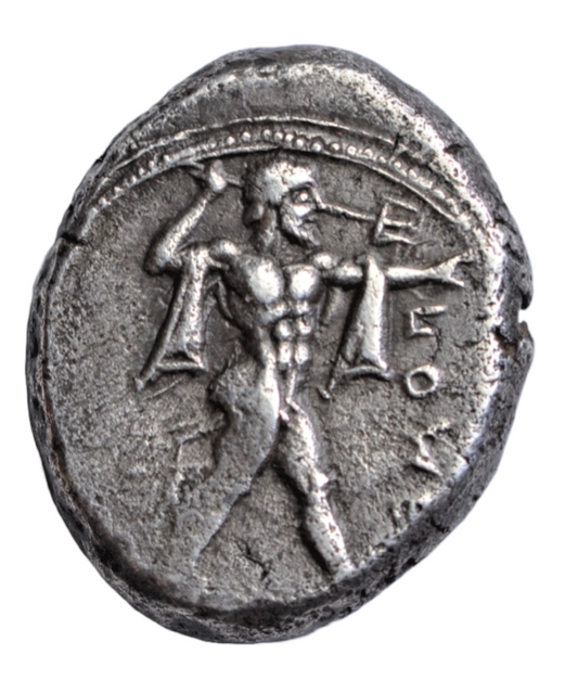 Greek, Lucania, Poseidonia, silver didrachm c. 445-420 BC, Poseidon/bull