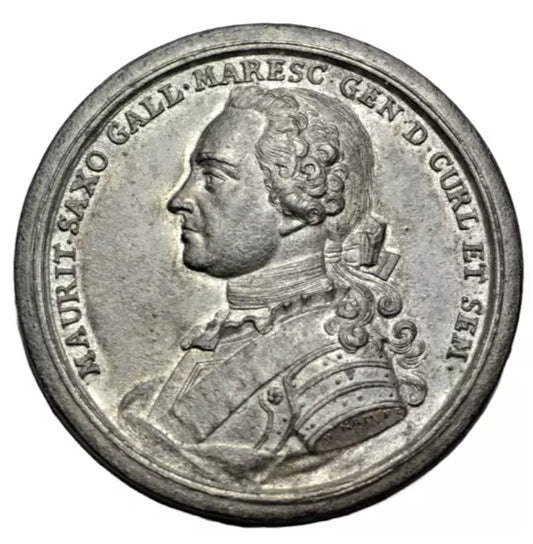 World, Latvia, Maurice de Saxe, Duke of Courland, white metal medal 1750, on his death