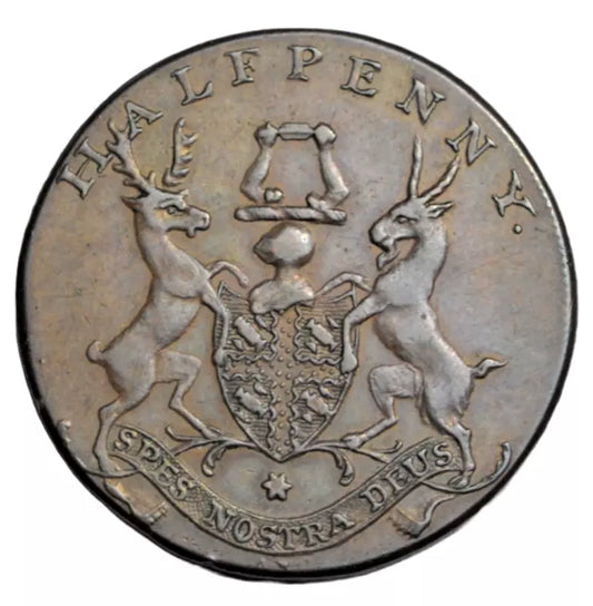 British tokens, Middlesex, London, Rupert Street, halfpenny token c. 1790s, Curriers' arms