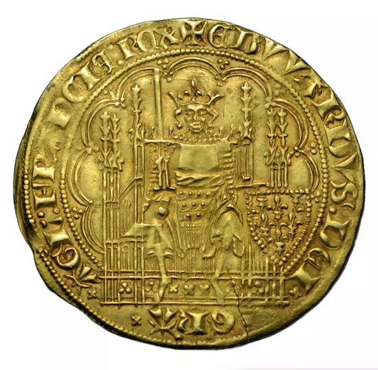 British hammered, Anglo-Gallic, Edward III, gold ecu d'or,  c. 1344-1352, king enthroned/cross