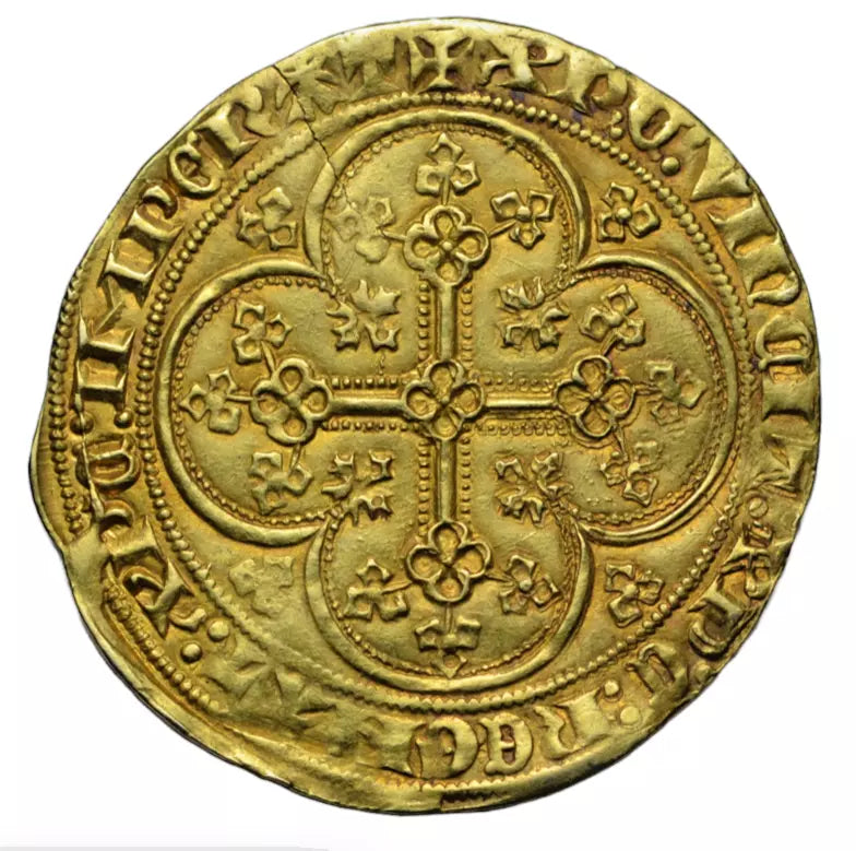 British hammered, Anglo-Gallic, Edward III, gold ecu d'or,  c. 1344-1352, king enthroned/cross