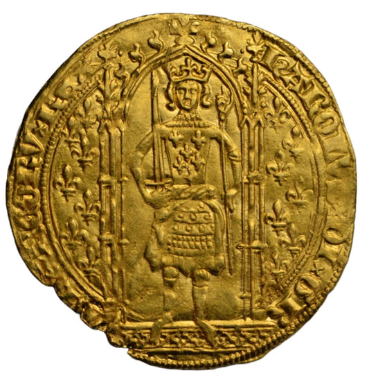 World, France, Charles V, gold franc à pied, c. 1365-80, King standing in arch/cross