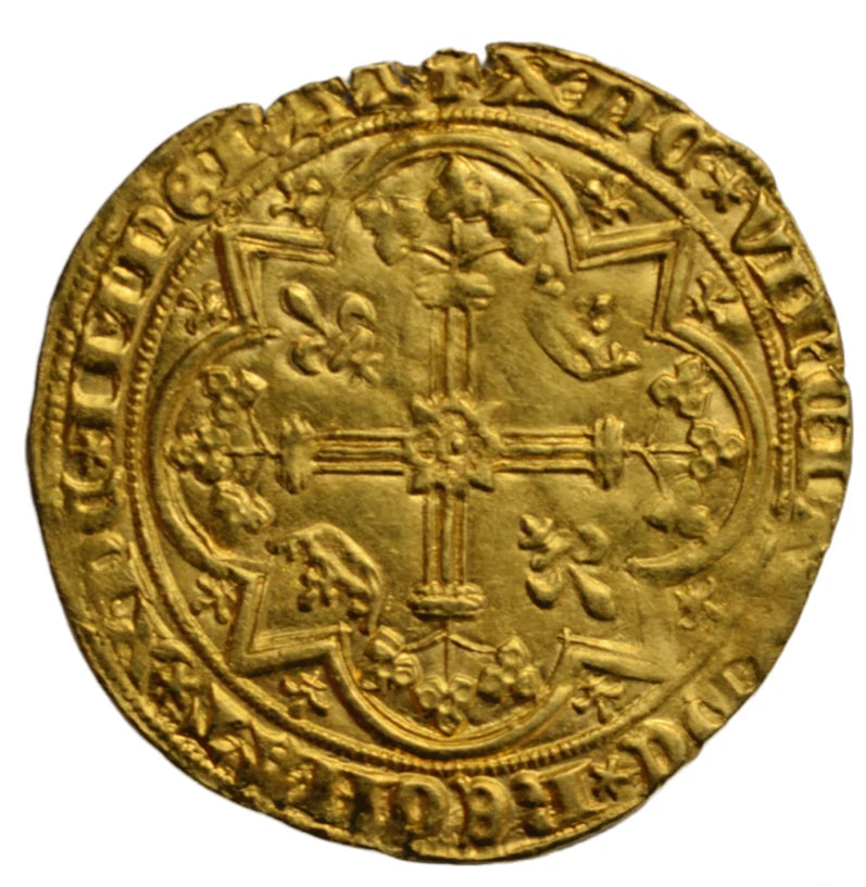 World, France, Charles V, gold franc à pied, c. 1365-80, King standing in arch/cross