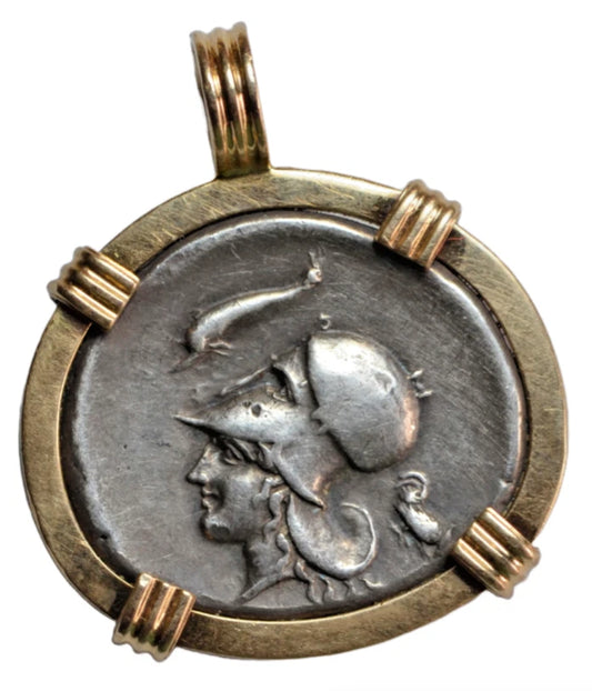 Greek, Corinth, AR stater, c. 400-357 BC, Athena, dolphin/Pegasus, in 14ct gold mount