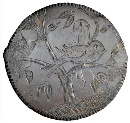 British tokens, Victoria, bun penny c. 1890s, engraved as a love token, two birds in a tree