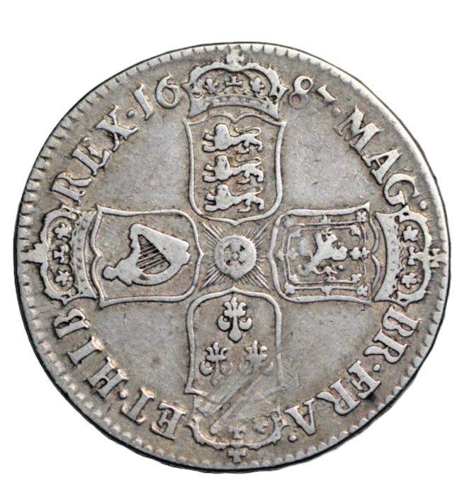British, James II, silver halfcrown 1687, first bust, edge reads TERTIO (regnal year 3)