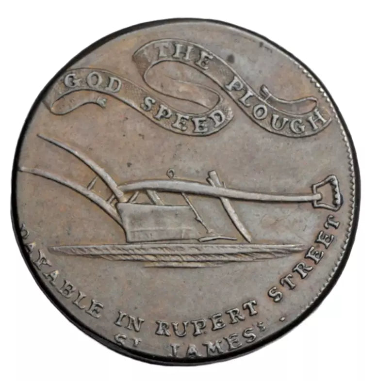 British tokens, Middlesex, London, Rupert Street, halfpenny token c. 1790s, Curriers' arms