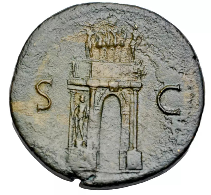 Roman Imperial, Nero, AE sestertius, Rome, c. 65 AD, Triumphal arch with Nero in quadriga